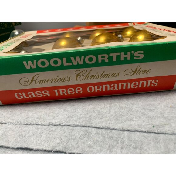 Vintage Woolworths Gold Glass Christmas Tree Ornaments Original Box Set of 10 19 - Picture 8 of 9